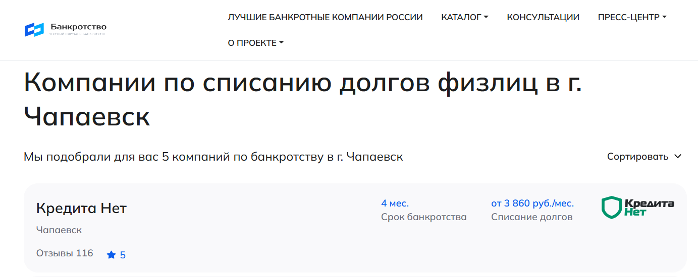 КредитаНет – первые в рейтинге компаний по банкротству в Чапаевске на сайте Банкротство Инфо
